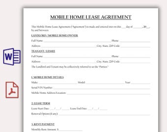 Mobile Home Lease Agreement Template, Editable Manufactured Home Rental Contract, Printable Landlord Tenant Form, Mobile home Rental PDF
