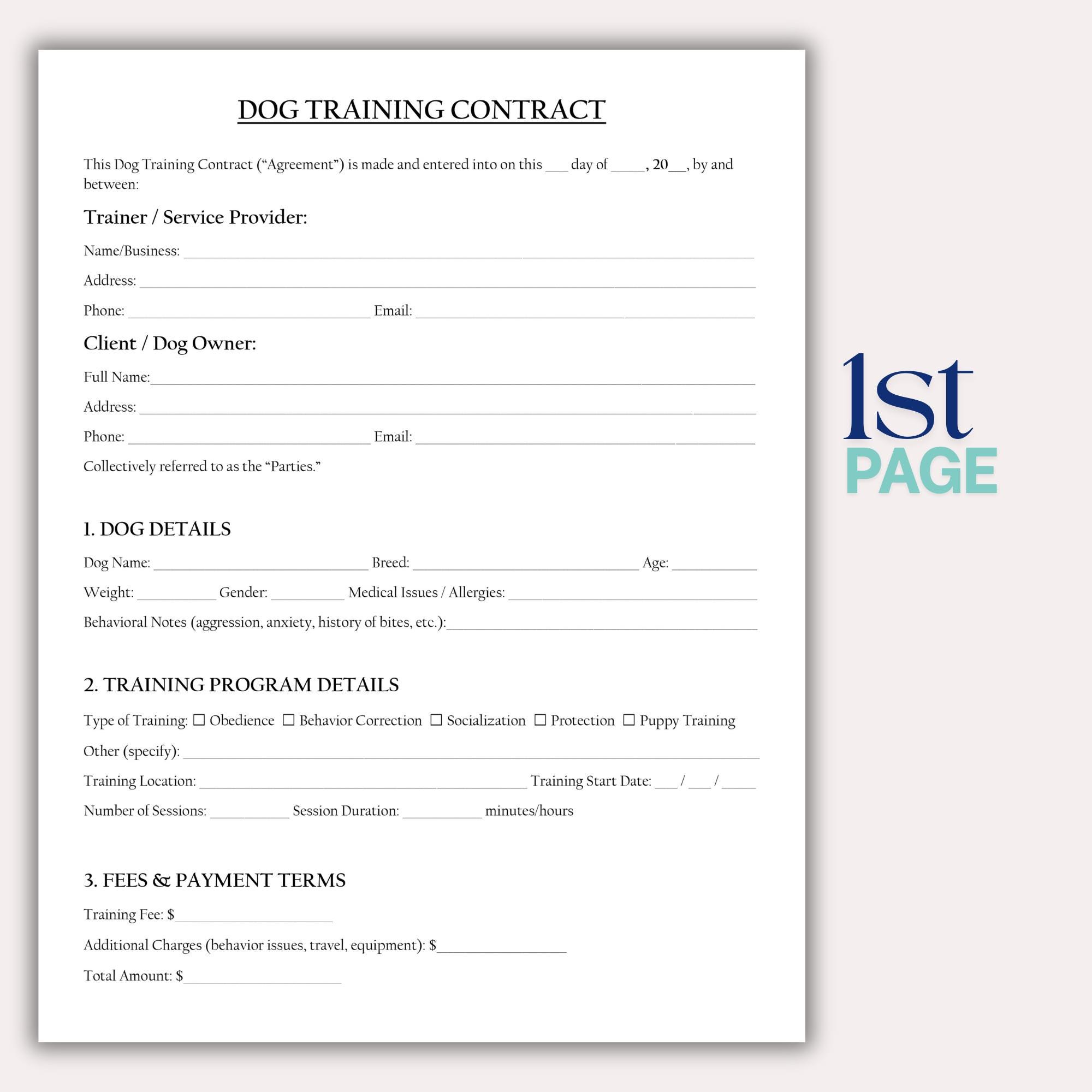 Professional Dog Training Contract Template, Editable Dog Training ...