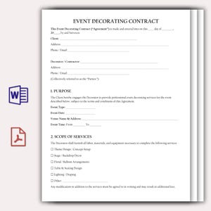 May include: Event Decorating Contract document with fillable fields for client and decorator information. Includes sections for event type, date, venue, and scope of services, such as theme design, floral arrangements, and lighting.