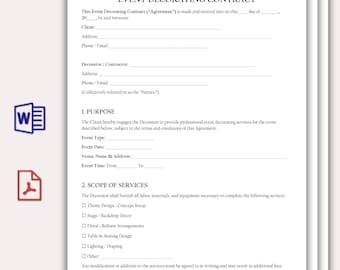 Plantilla de contrato de decoración de eventos, formulario editable de servicio de planificación de eventos, acuerdo de decoración para empresas de decoración de fiestas imprimible en PDF, formulario instantáneo