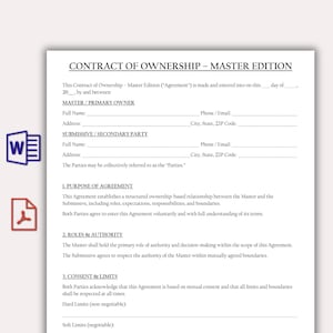 Puede incluir: Documento impreso titulado "CONTRACT OF OWNERSHIP - MASTER EDITION". El documento es un formulario rellenable con secciones para Master/Primary Owner y Submissive/Secondary Party. Describe roles, autoridad, consentimiento y límites.