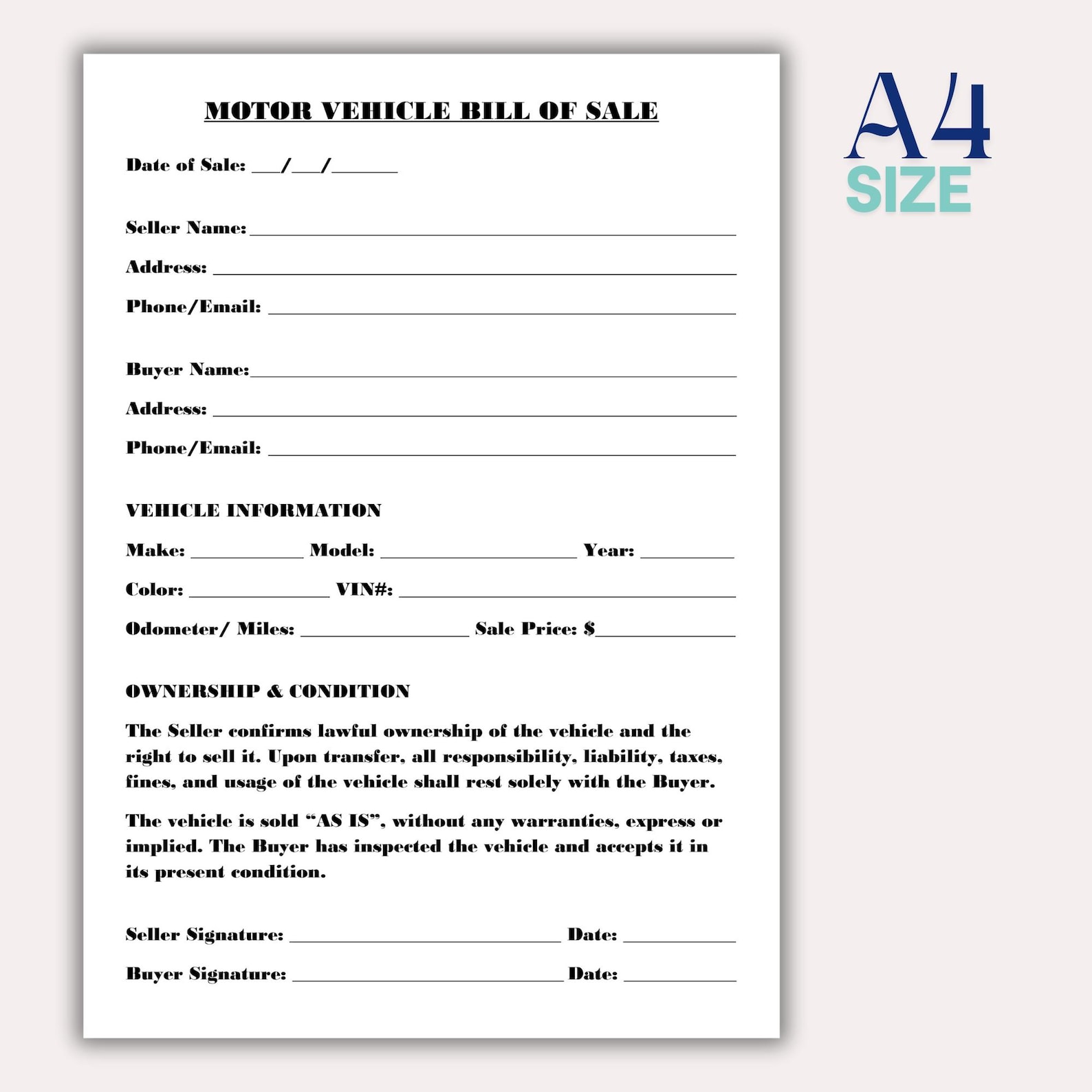 Simple Motor Vehicle Bill of Sale Template, Blank Auto Bill of Sale ...