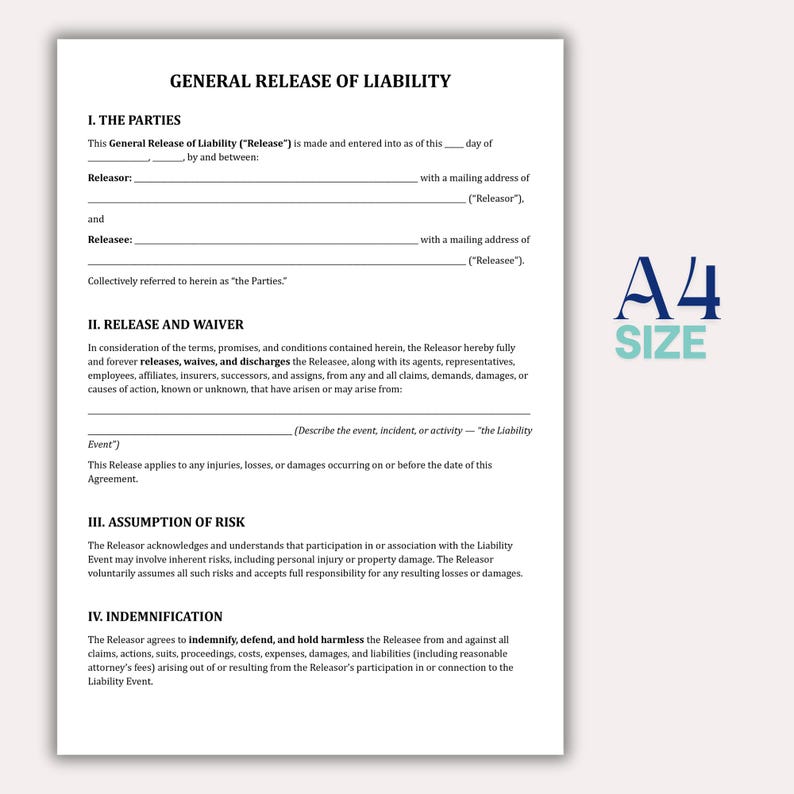 General Release of Liability Template, Editable Waiver Agreement PDF ...