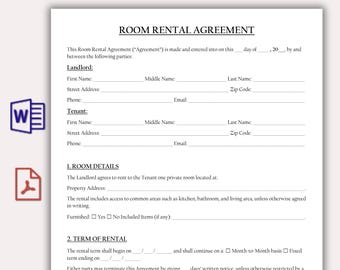 Editable Room Rental Agreement Template, Room Tenancy Agreement, Printable Roommate Room Rental Agreement, Room Rental Contract, Word & PDF