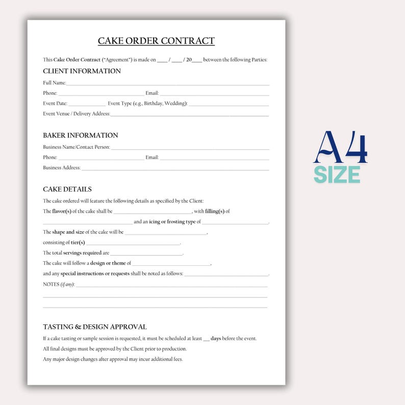 Cake Order Contract Template, Editable Custom Cake Agreement PDF & Word ...