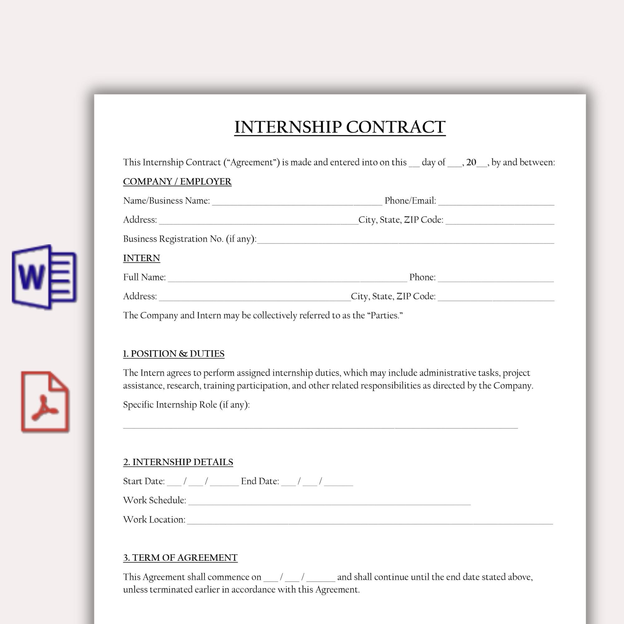 Internship Contract Example Signature Editable Internship Contract Template ,student Intern Agreement ...