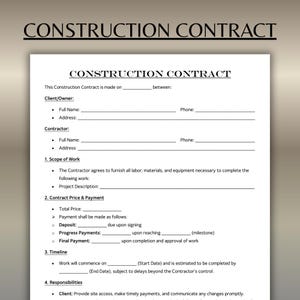 Op de afbeelding: Een gedrukt bouwcontract op wit papier met de titel "CONSTRUCTION CONTRACT" bovenaan. Het document bevat secties voor klant/eigenaar, aannemersgegevens, werkingssfeer, contractprijs, betalingsvoorwaarden en tijdlijn.