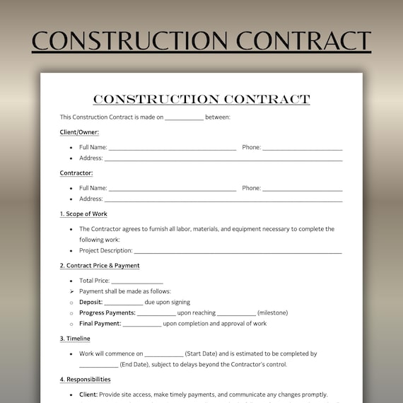 Editable Construction Contract Agreement Template | One Page Construction Form | Printable Work Contract PDF for Contractors | Editable Word