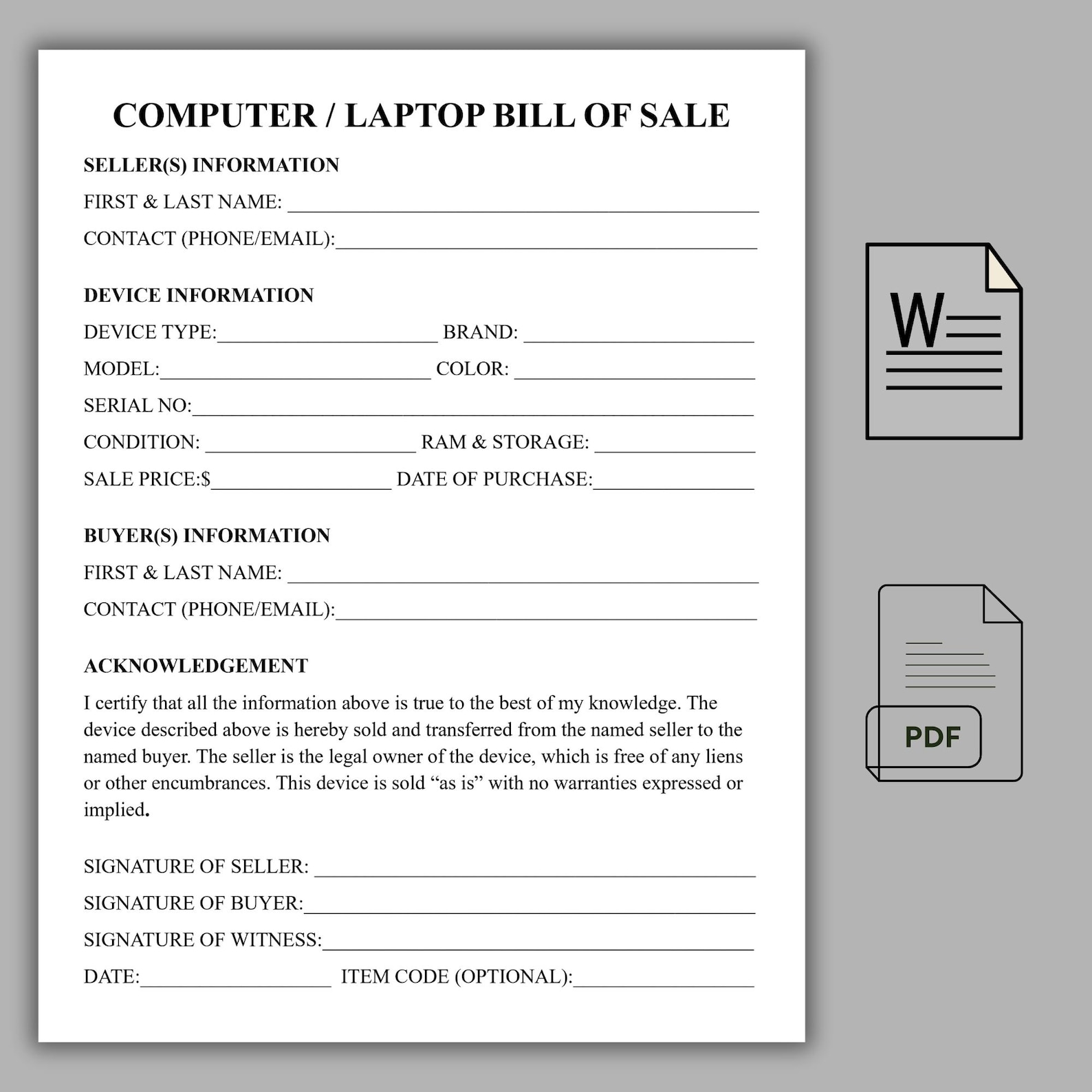 Computer Bill of Sale Template, Laptop Bill of Sale, Printable Bill ...