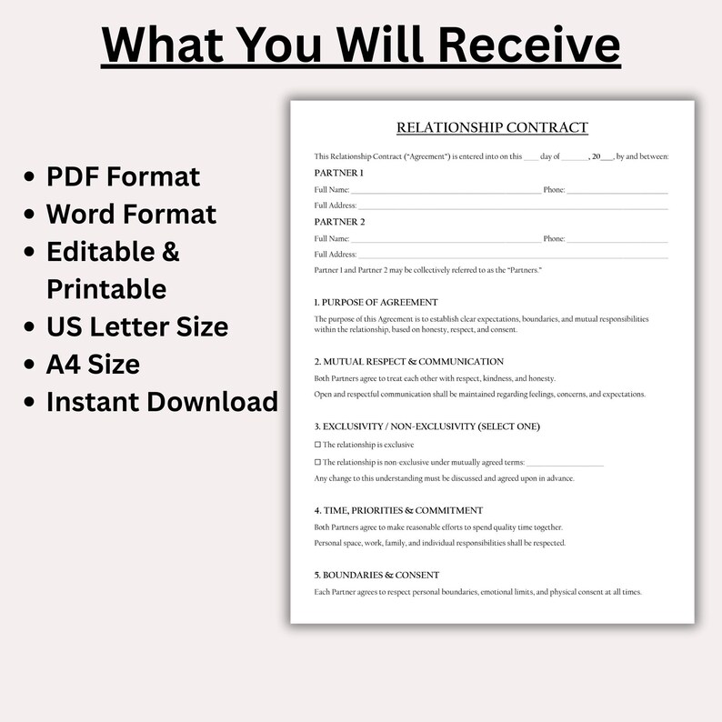 Dating Contract.pdf Editable Relationship Contract Template | Couples Agreement Form ...