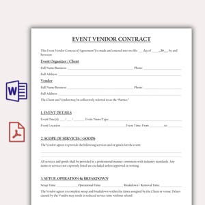 May include: A white Event Vendor Contract document with black text. The document includes sections for event details, scope of services, and setup information. The document also includes the text "Event Vendor Contract" at the top.