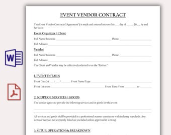 Customizable Event Vendor Contract, Event Vendor Agreement Form Template, Printable Popup Event Vendor Business Template, Venue Decor Form
