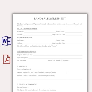 May include: A Land Sale Agreement template with sections for seller, buyer, property details, and sale price. The document includes fields for deposit and payment terms. The title "LAND SALE AGREEMENT" is displayed at the top of the white paper.