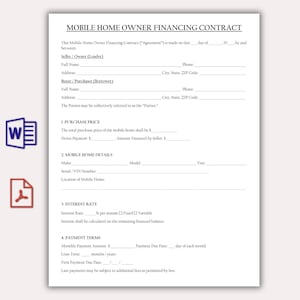 Op de afbeelding: Een financieringscontract voor een mobiele woning met invulvelden voor verkoper, koper en financiële details. Het document bevat secties voor de aankoopprijs, details van de mobiele woning, de rentevoet en de betalingsvoorwaarden. Zwarte tekst op een witte achtergrond.