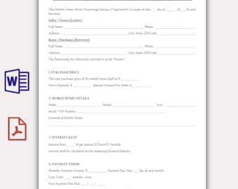 Plantilla editable de contrato de financiación para propietarios de casas móviles, acuerdo de financiación para vendedores de casas prefabricadas y pagaré para casas móviles.