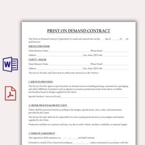 Peut inclure: Un modèle de contrat d'impression à la demande intitulé "PRINT ON DEMAND CONTRACT". Le document comprend des sections pour les détails du fournisseur de services et du client, les services fournis, le processus de commande et les conditions générales. Le document est sur papier blanc.