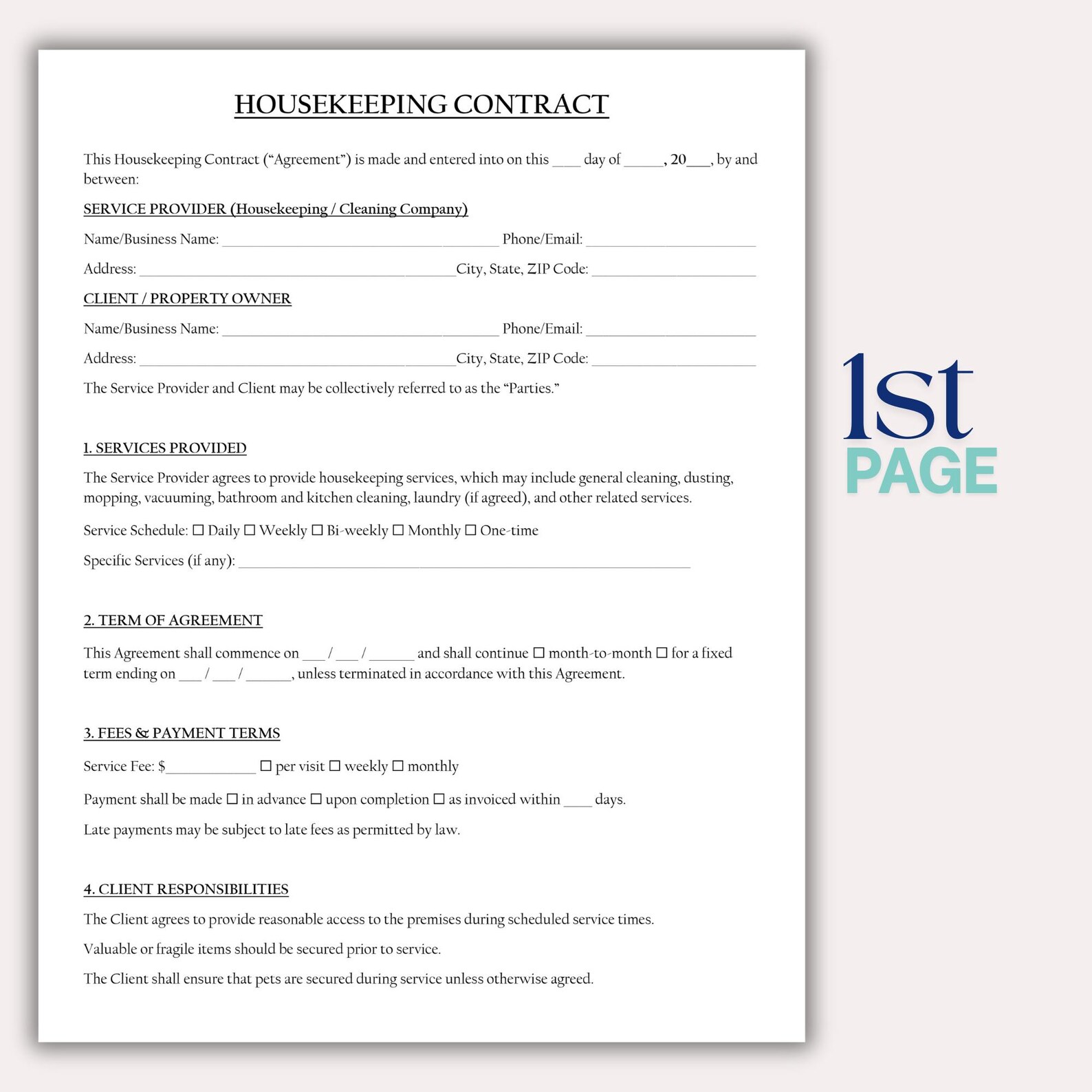 Customizable Housekeeping Contract Template, House Cleaning Service ...