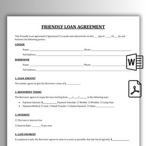 One Page Printable Friendly Loan Agreement Template, Friendly Loan Contract, Personal Loan Agreement pdf, Simple Friendly Debt Agreement