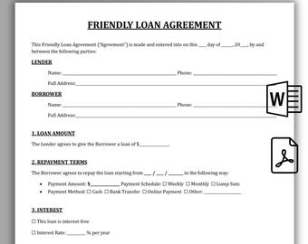 Plantilla imprimible de contrato de préstamo amistoso de una página, contrato de préstamo amistoso, contrato de préstamo personal (PDF), contrato de deuda amistoso simple