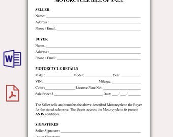 Simple Motorcycle Bill of Sale Template, Printable Vehicle Bill of Sale Form, Motorbike Sale Contract, Auto Bill of Sale Instant Download