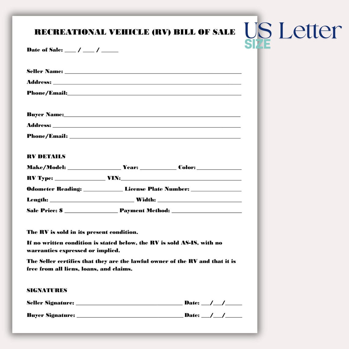 Minimalist RV Bill of Sale Template, Printable RV Sale Agreement ...