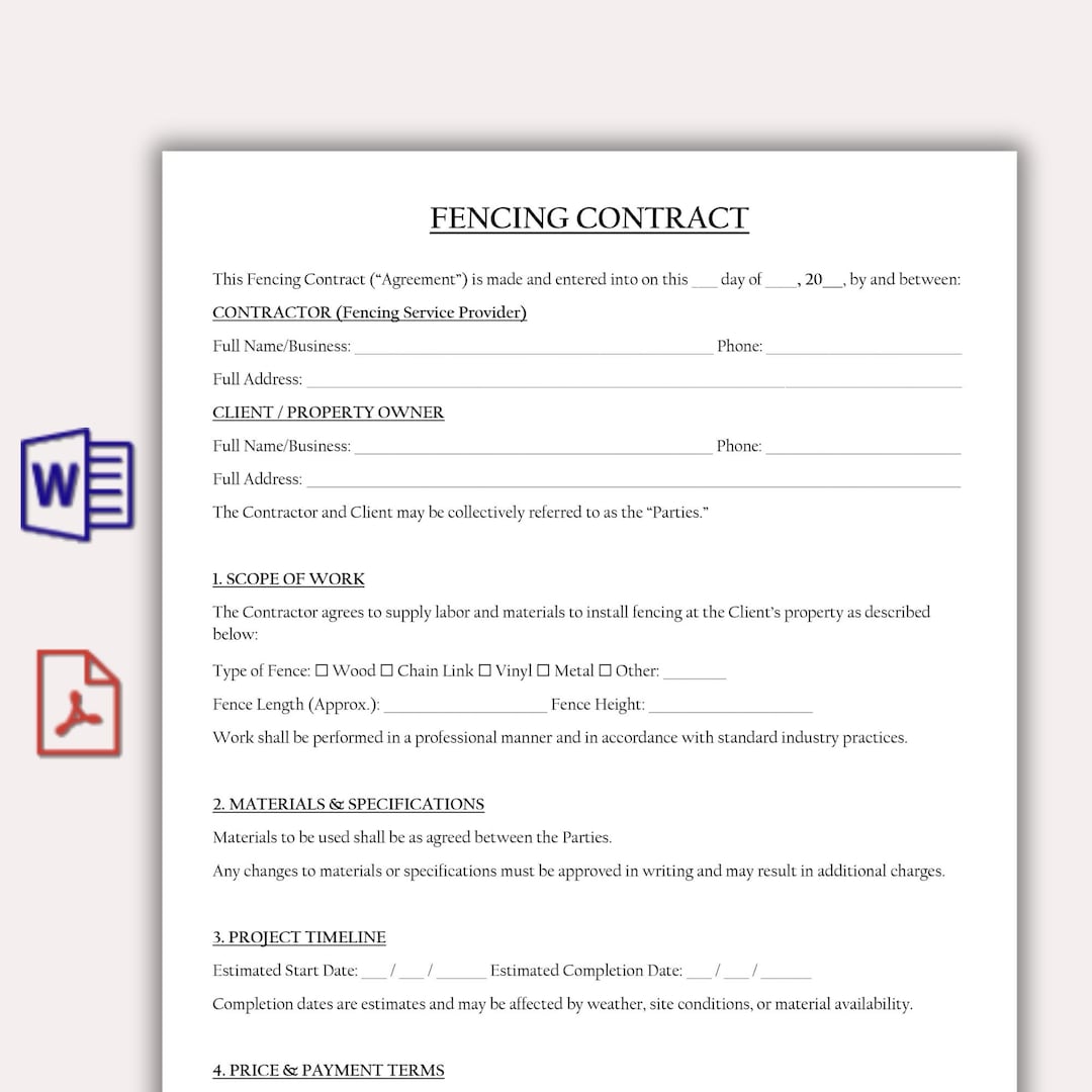 Customizable Fencing Contract, Fence Agreement Form Template, Printable ...