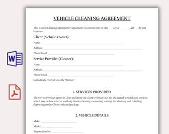 Vehicle Cleaning Agreement Template, Car Wash & Detailing Service Contract PDF, Editable Auto Care Client Form, Car Detailing Business