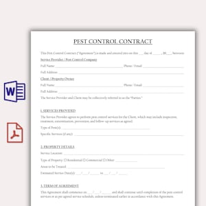 May include: A pest control contract template with the title "PEST CONTROL CONTRACT" at the top. The document includes sections for service details, property details, and terms of agreement. The document is on white paper.