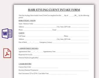 Professional Hair Styling Client Intake Form Template, Printable Hair Salon Consent Form, Editable Beauty Salon Services Agreement Pdf