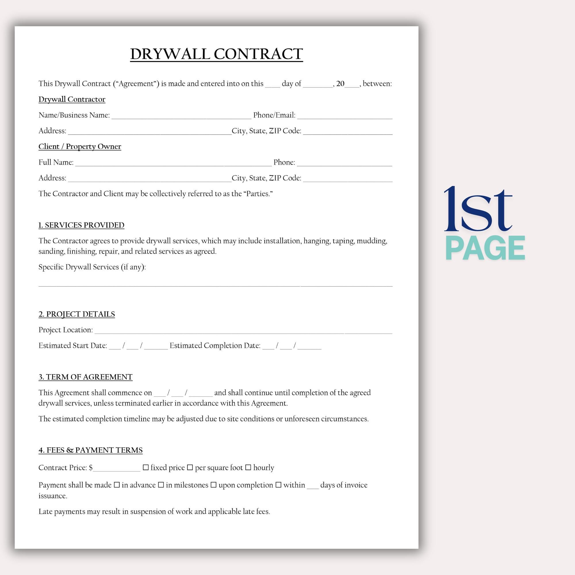 Drywall Contract Template, Editable Drywall Services Agreement, Drywall ...