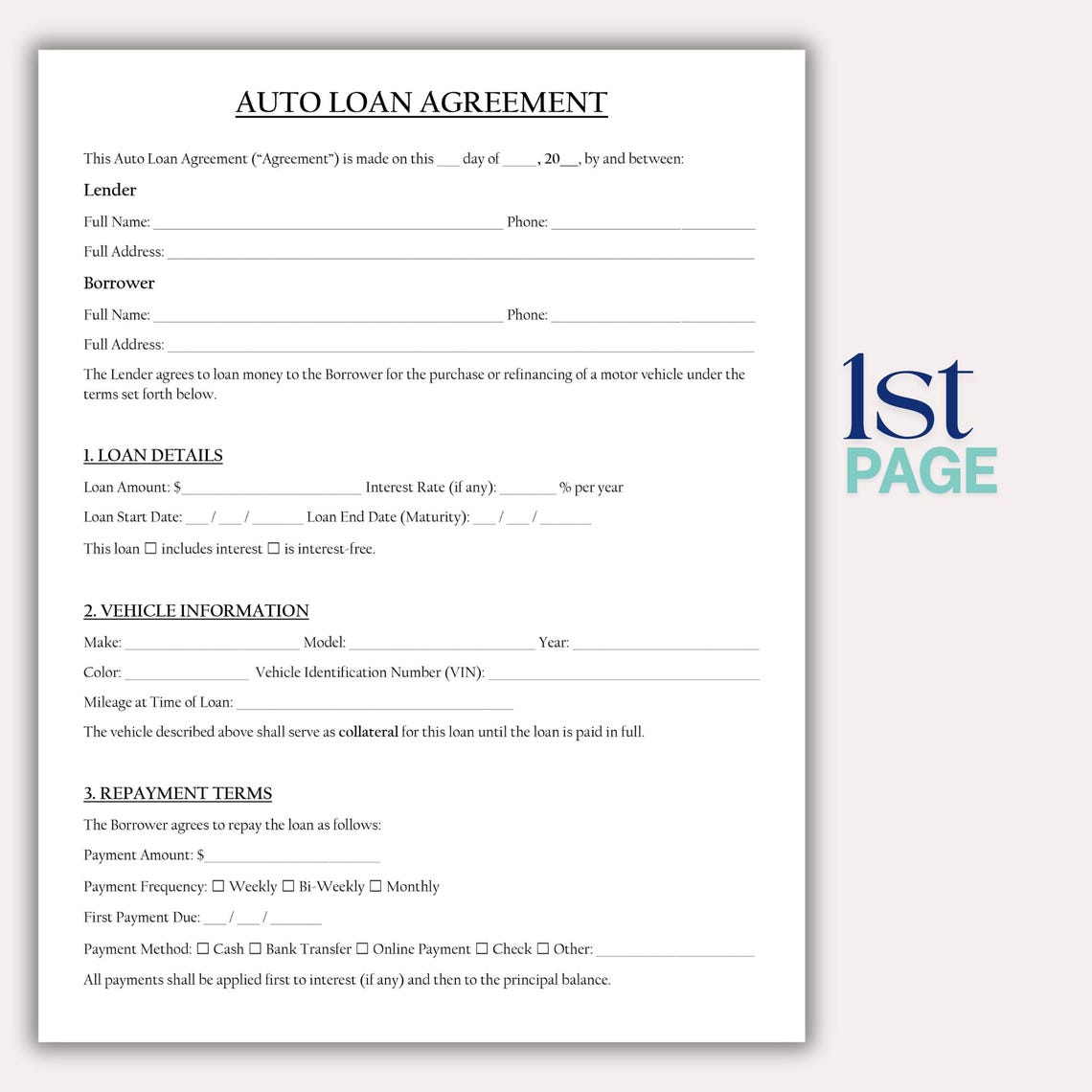 Auto Loan Form.pdf Auto Loan Agreement Template, Editable Auto Finance Plan Form, Car ...