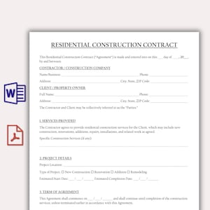 Peut inclure: Un modèle de contrat de construction résidentielle. Le document, intitulé « CONTRAT DE CONSTRUCTION RÉSIDENTIELLE », comprend des sections pour les coordonnées de l'entrepreneur et du client, les services, les détails du projet et les conditions.