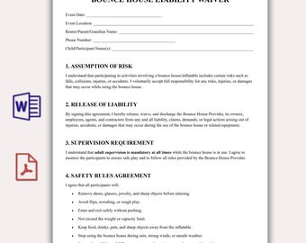 Editable Bounce House Liability Waiver Template , Business Waiver Form Template, Printable Bounce House Liability Agreement, Rental consent
