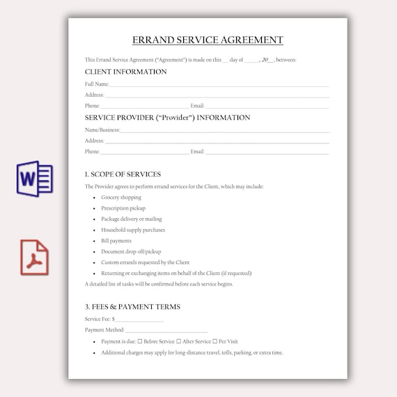 Errand Service Agreement Template, Editable Personal Assistant Contract PDF, Concierge Service Form, Grocery Shopping Task Runner Agreement