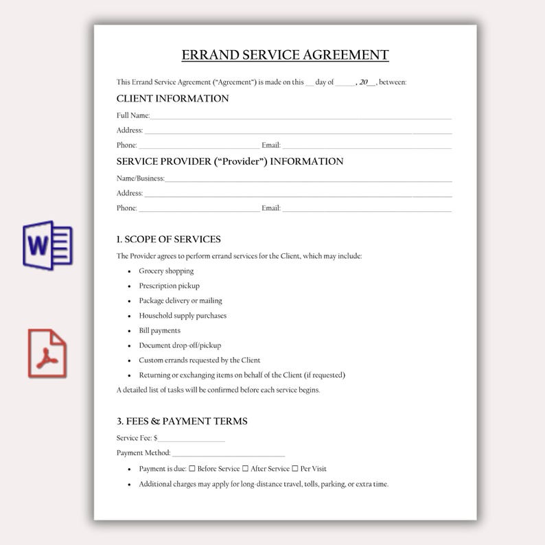 May include: An Errand Service Agreement form, printed on white paper, detailing client and provider information, service scope, and fees. Services include grocery shopping and prescription pickup. Includes Word and PDF icons.
