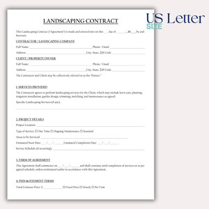 May include: A landscaping contract template on US Letter size paper. The document includes sections for contractor and client information, services provided, project details, and terms of agreement.