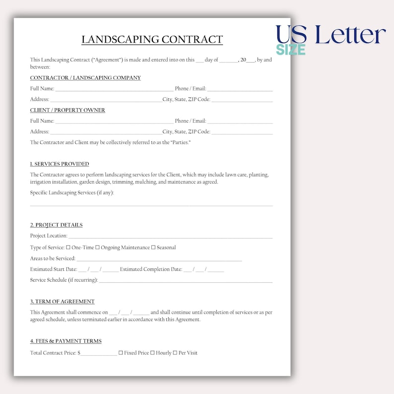 May include: A landscaping contract template on US Letter size paper. The document includes sections for contractor and client information, services provided, project details, and terms of agreement.