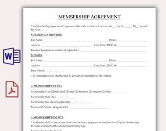 Editable Membership Agreement Template, Printable Membership Contract, Gym & Fitness Club Membership Contract, Business Membership Form PDF