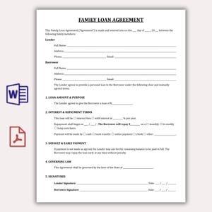 Puede incluir: Un formulario de Acuerdo de Préstamo Familiar, impreso en papel blanco, con secciones para los detalles del Prestamista y el Prestatario, los términos del préstamo y las firmas. Incluye un icono de documento de Word y PDF.