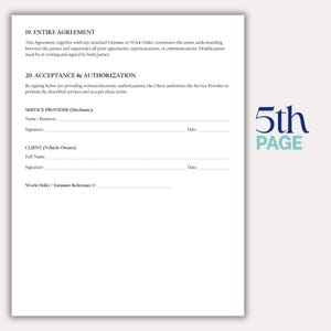 May include: A white document with text, including "ENTIRE AGREEMENT" and "ACCEPTANCE & AUTHORIZATION." The document has spaces for signatures and dates. The words "5th PAGE" are in the upper right corner.