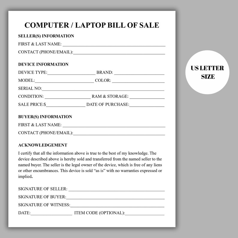 Computer Bill of Sale Template, Laptop Bill of Sale, Printable Bill ...