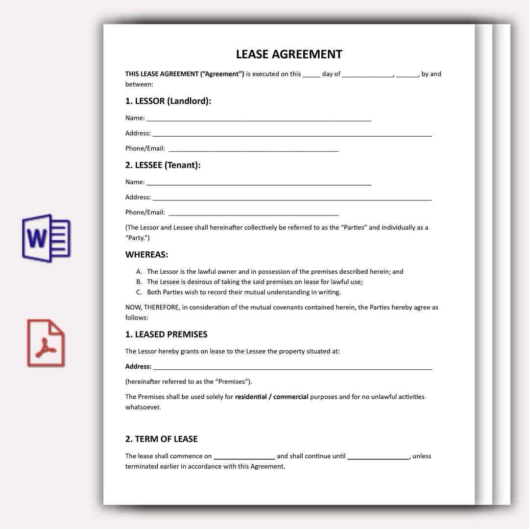 Less Agreement Form Lease Agreement Template, Rental Contract PDF, Editable Residential ...