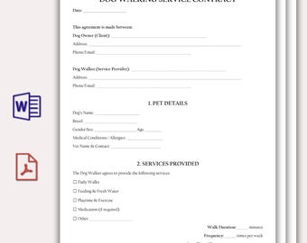 May include: A white Dog Walking Service Contract template with black text. The document includes sections for client and service provider details, pet information, and services provided, such as daily walks and playtime.