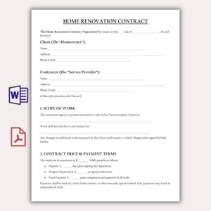 Op de afbeelding: Een wit Home Renovation Contract document met zwarte tekst. Het document bevat secties voor informatie over de klant en de aannemer, de omvang van de werkzaamheden en betalingsvoorwaarden. Pictogrammen voor Word- en PDF-documenten in de hoek.