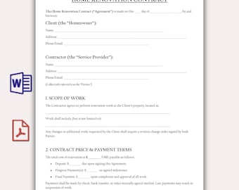 Plantilla de contrato de renovación de vivienda, contrato de contratista de remodelación, formulario editable para proyecto de mejora de vivienda, requisitos legales para la construcción y remodelación.