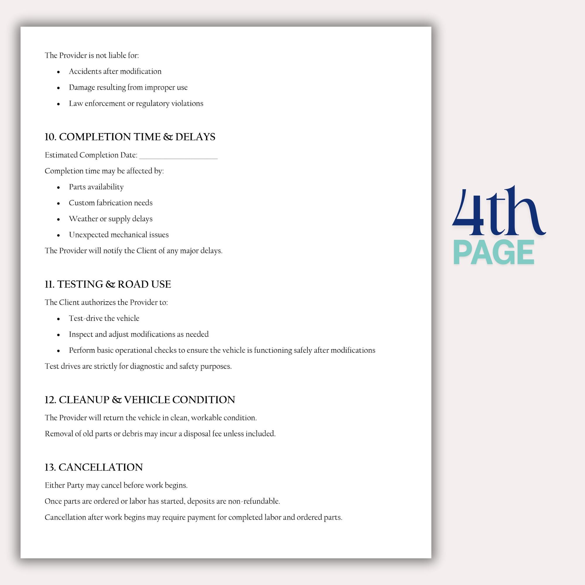 Vehicle Modification Contract Template, Editable Auto Customization ...