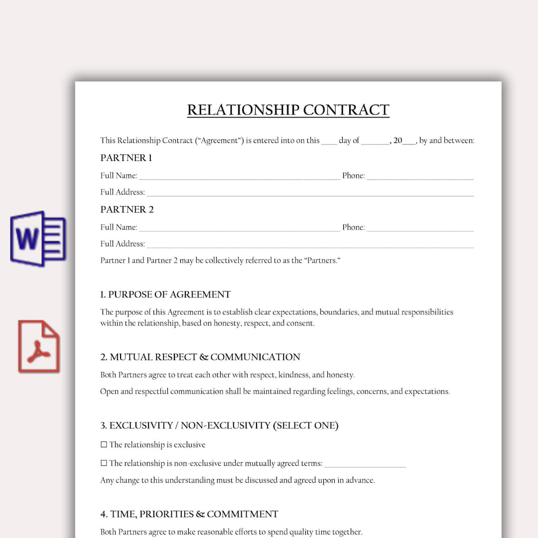 Dating Contract.pdf Editable Relationship Contract Template | Couples Agreement Form ...