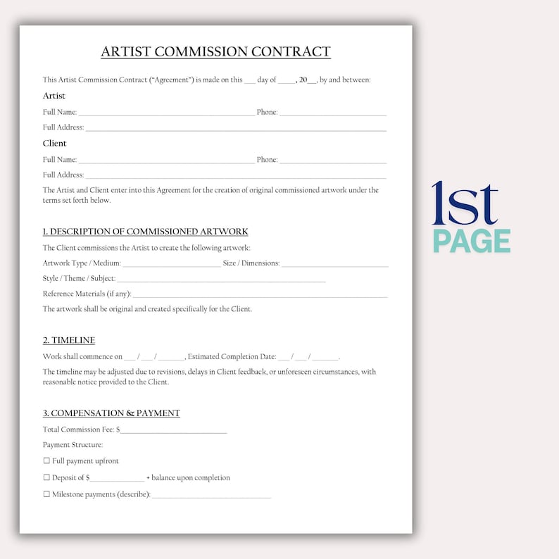 Artist Commission Contract Template, Editable Agreement for Art ...