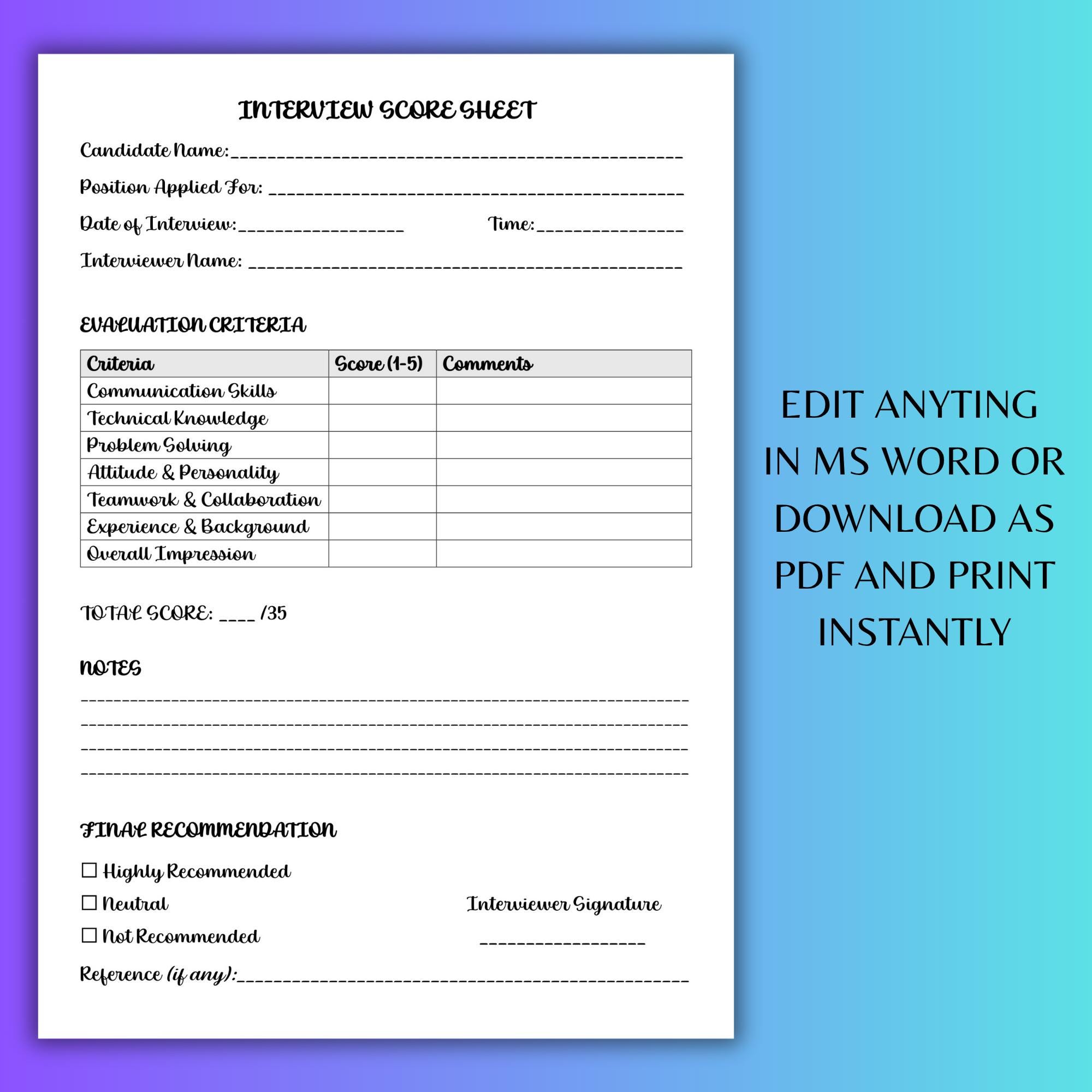 Interview Score Sheet Template | HR Candidate Evaluation Form | Job ...
