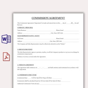 Peut inclure: Un document blanc intitulé COMMISSION AGREEMENT avec du texte noir, comprenant des sections pour les détails de la société et du représentant commercial, les services fournis, la durée du contrat et la structure de commission.